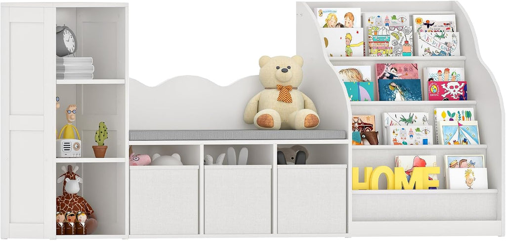 CHOEZON 66.9' Kids Bookshelf with Reading Nook, 3-in-1 Kids Bookcase with Cushion and Sling Shelf, Toy Chest Storage with Fabric Drawers, Reading Nook for Kids, for Playroom, Nursery, White MCW08WB