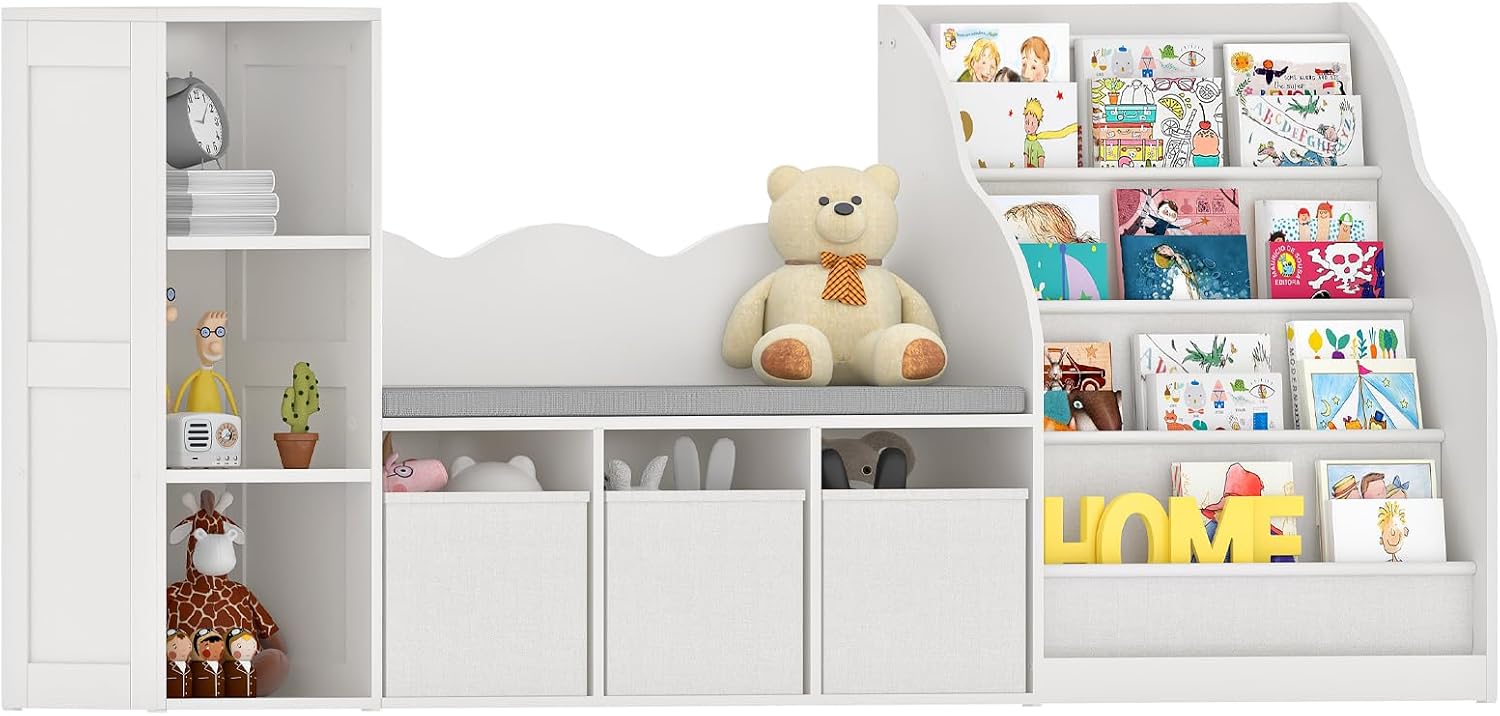 CHOEZON 66.9' Kids Bookshelf with Reading Nook, 3-in-1 Kids Bookcase with Cushion and Sling Shelf, Toy Chest Storage with Fabric Drawers, Reading Nook for Kids, for Playroom, Nursery, White MCW08WB