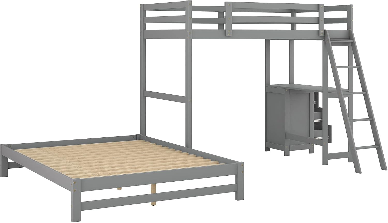 Twin Over Full Bunk Bed with Built-in Desk and Three Drawers,Modern Solid Wood Separate Bed Frame w/Head/Footboards & Guardrail,Easy to Assemble,for Bedroom,Apartment,Grey