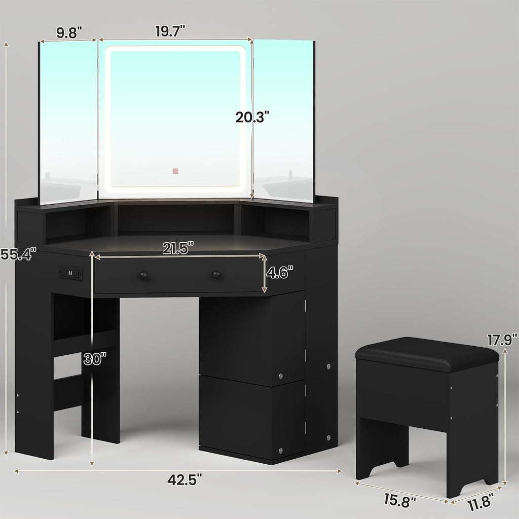 HAUOMS Corner Vanity Desk with Mirror and Lights, Power Outlet & Rotating Shelves, Makeup Vanities with Storage Bench, Drawers, 3 Light Settings, Dimmable for Women Girls, Black
