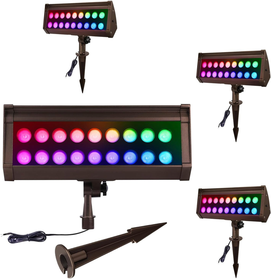 RGB Flood Lights Outdoor, 12V 9W LED Wired RGB Color Changing Low Voltage Landscape Flood Lighting for Outdoor Wall Washer House Uplight Tree, 1/2' NPT Threaded with Stake, Bronze, ETL, 4PK