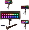 RGB Flood Lights Outdoor, 12V 9W LED Wired RGB Color Changing Low Voltage Landscape Flood Lighting for Outdoor Wall Washer House Uplight Tree, 1/2' NPT Threaded with Stake, Bronze, ETL, 4PK