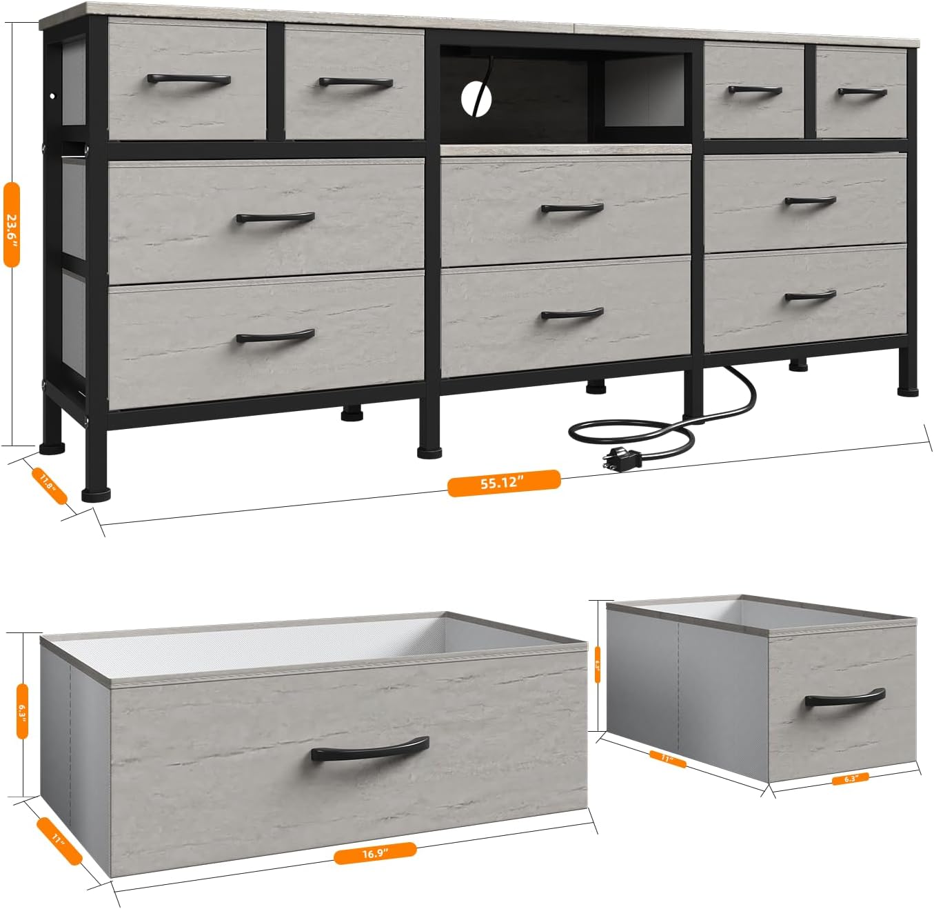 White Dresser for Bedroom with LED Lights and Power Outlets, 55' TV Stand with 10 Drawers & Open Shelves, Fabric Chest of Drawers with PU Finish, Metal Frame, Wood Top (Greige)