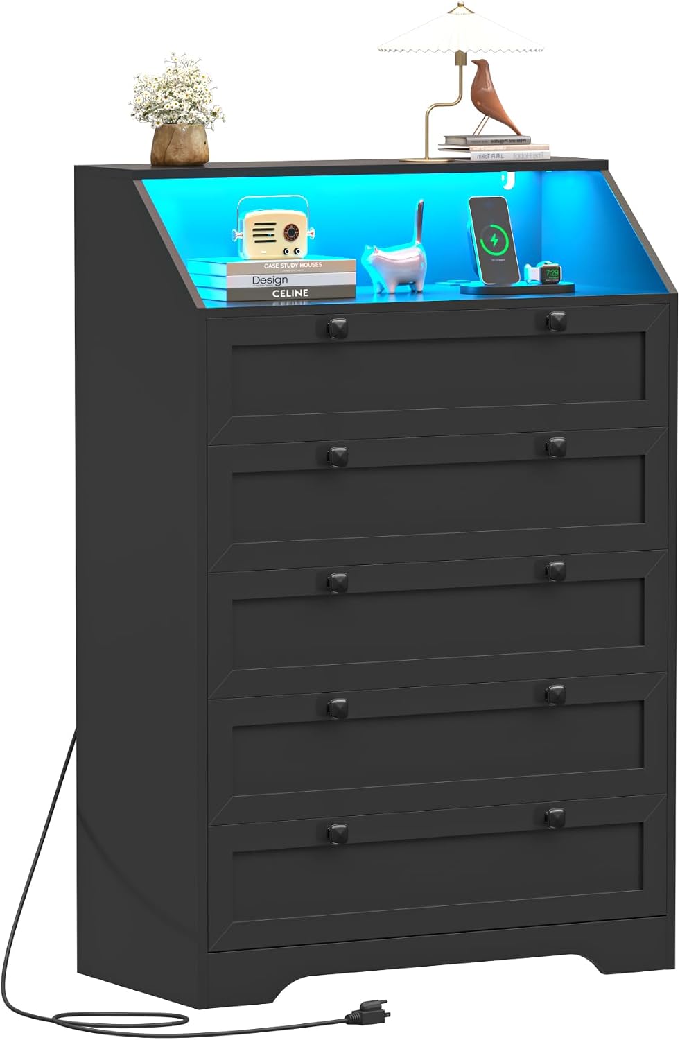 Wodeer Black Dresser Tall 5 Drawer Dresser for Bedroom, Wood Chest of Drawers with LED Lights, Charging Station, Metal Handles, Modern Storage Cabinet and Organizer Drawers for Living Room, Hallway