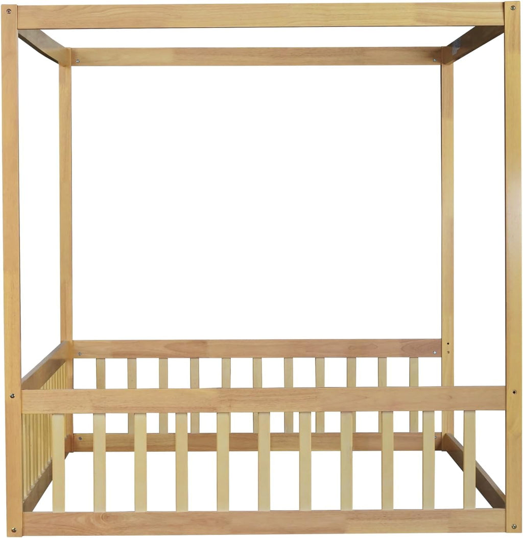 Canopy Bed Frame Full with 4 Posters and Guardrails, Rubber Wood Full Size Montessori Floor Bed with Canopy Frame, Safe and Stylish Canopy Bed Full for Kids Girls Boys,Natural