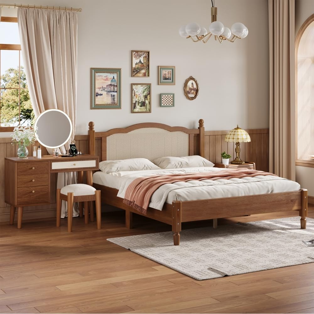 3 Pieces Bedroom Set with Full Size Wooden Bed Frame, 1 Vintage Nightstand and 1 Makeup Vanity Set with Stool,Black (Walnut + Wood + Queen + 3 Piece Set)