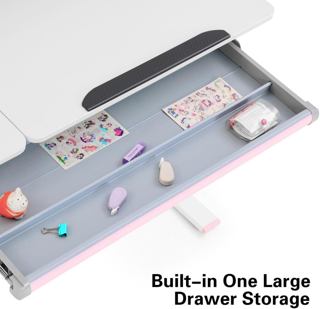 COSVALVE 39in Wide Adjustable Height Kids Desk with Tilting Desktop, Steel Frame, Drawer, and Bookshelf Hutch, Study Child Table for Ages 3-12, Pink