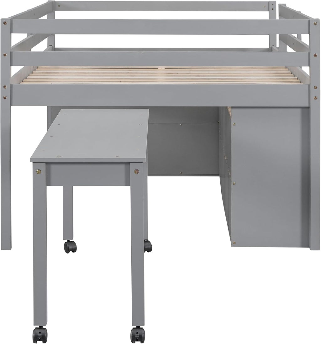 JIVOIT Full Size Low Loft Bed with Retractable Writing Desk, Storage Bed with 4 Drawers and Shelves, Wooden Loft Bed with Lateral Portable Desk for Kids Teens Adults Bedroom (Gray,Full,9)