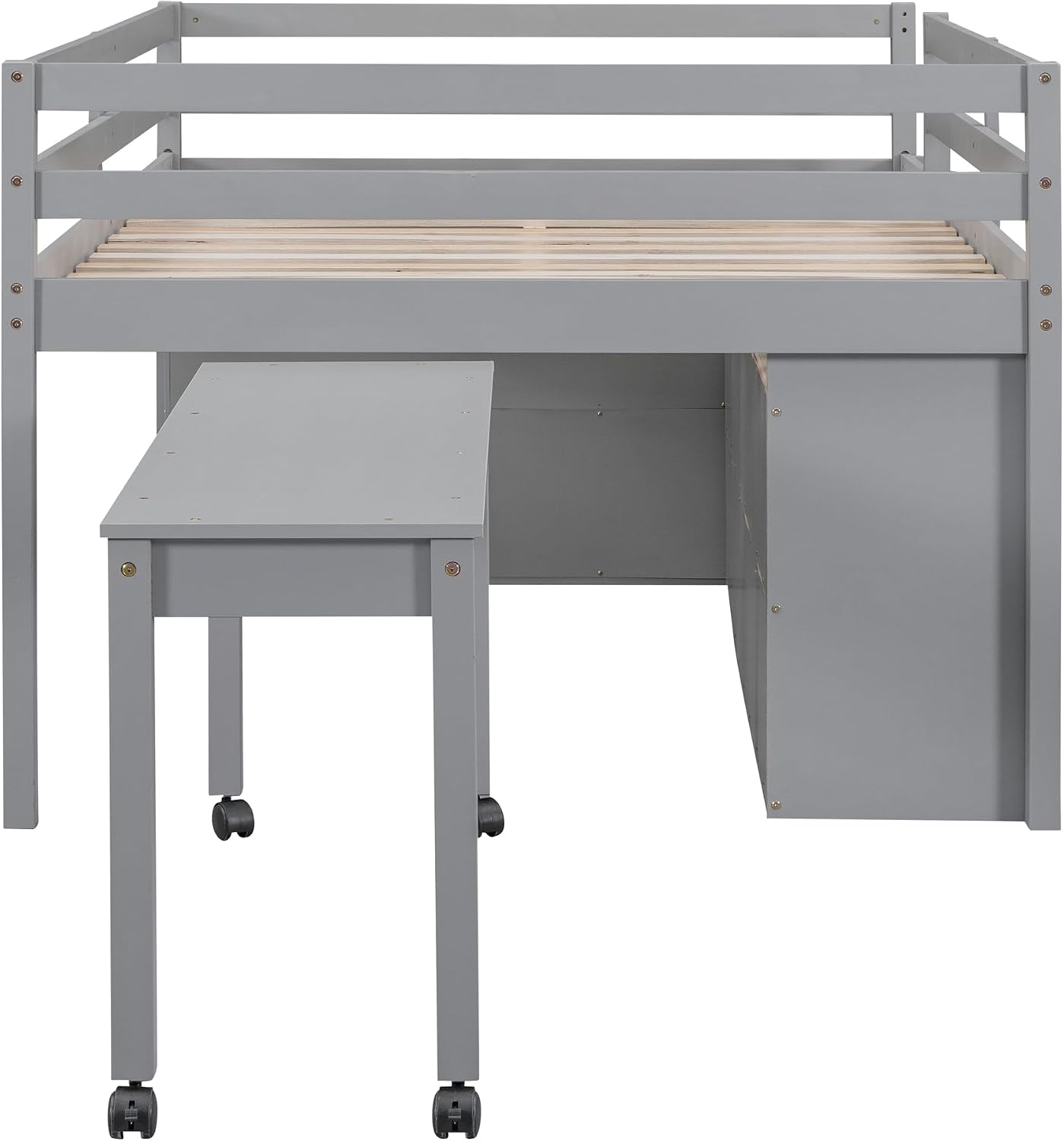 JIVOIT Full Size Low Loft Bed with Retractable Writing Desk, Storage Bed with 4 Drawers and Shelves, Wooden Loft Bed with Lateral Portable Desk for Kids Teens Adults Bedroom (Gray,Full,9)