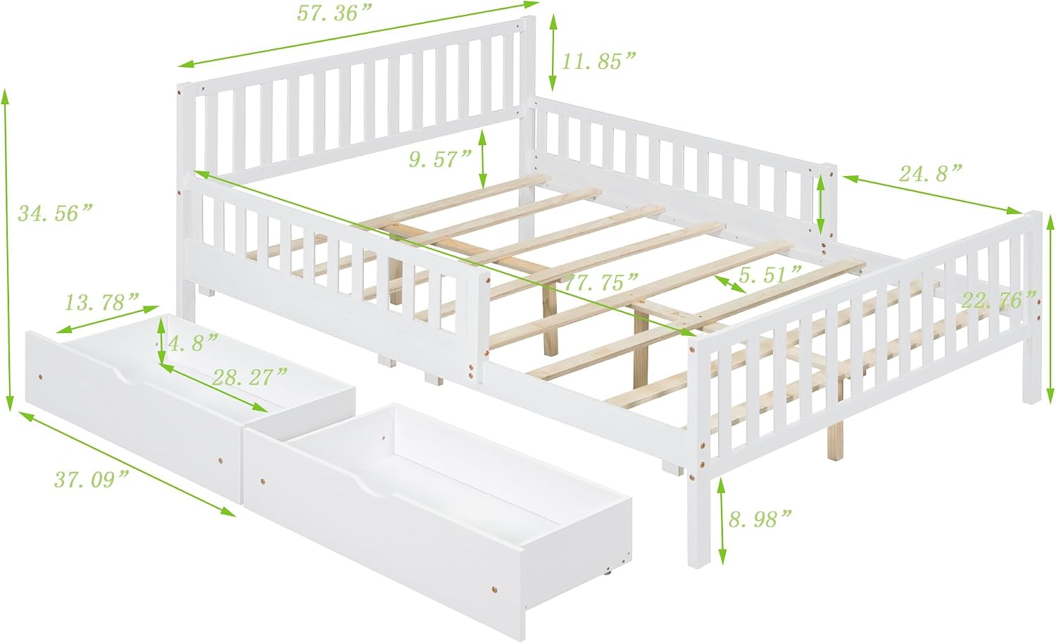 Kids Full Size Bed Frame with Storage Drawers, Wood Full Bed Frames for Kids, Full Bed Frame with Headboard and Footboard for Boys Girls, No Box Spring Needed,White