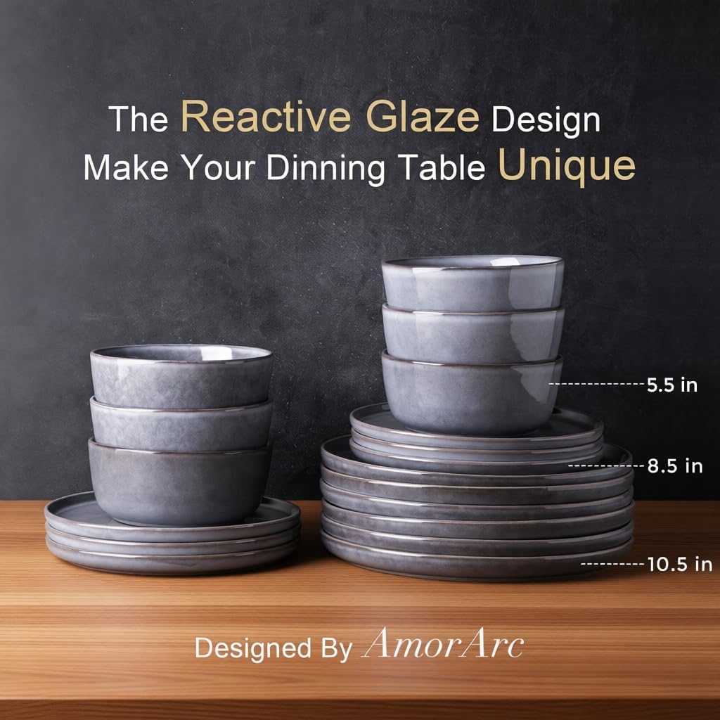 AmorArc Stoneware Dinnerware Sets,Round Reactive Glaze Ceramic Plates and Bowls Sets,Highly Scratch Resistant | Microwave & Dishwasher Safe,Service for 8 Dishes Set (24pc)
