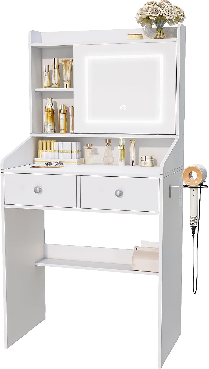 Viaozutis Vanity, Small Vanity Desk with Sliding Mirror, Dimmable LED Lights, 2 Drawers,Vanity Table Ideal for Bedroom (White)