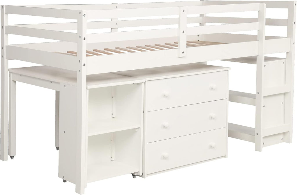 JIVOIT Twin Size Low Loft Bed with Rolling Portable Desk, Wooden Loft Bed with Cabinet/Bookshelf/Drawers/Open Shelves for Kids Teens Adults, No Box Spring Required (White-Twin-Rolling Portable Desk)