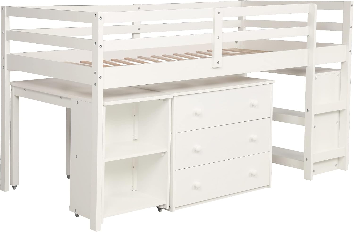 JIVOIT Twin Size Low Loft Bed with Rolling Portable Desk, Wooden Loft Bed with Cabinet/Bookshelf/Drawers/Open Shelves for Kids Teens Adults, No Box Spring Required (White-Twin-Rolling Portable Desk)