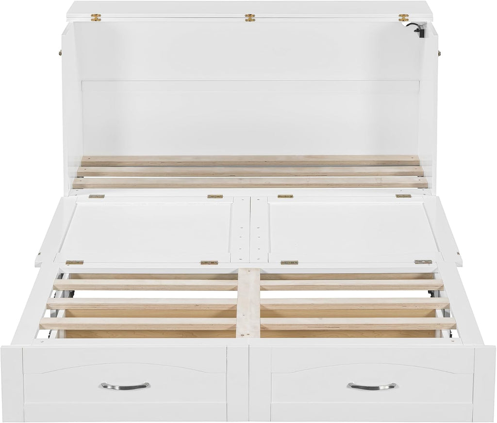 Queen Size Murphy Wall Bed with Drawer and a Set of Sockets & USB Ports,Modern Bed Frame with Pulley Structure Design for Kids Teen Girls Boys Adults Bedroom Furniture (White-46, Queen)