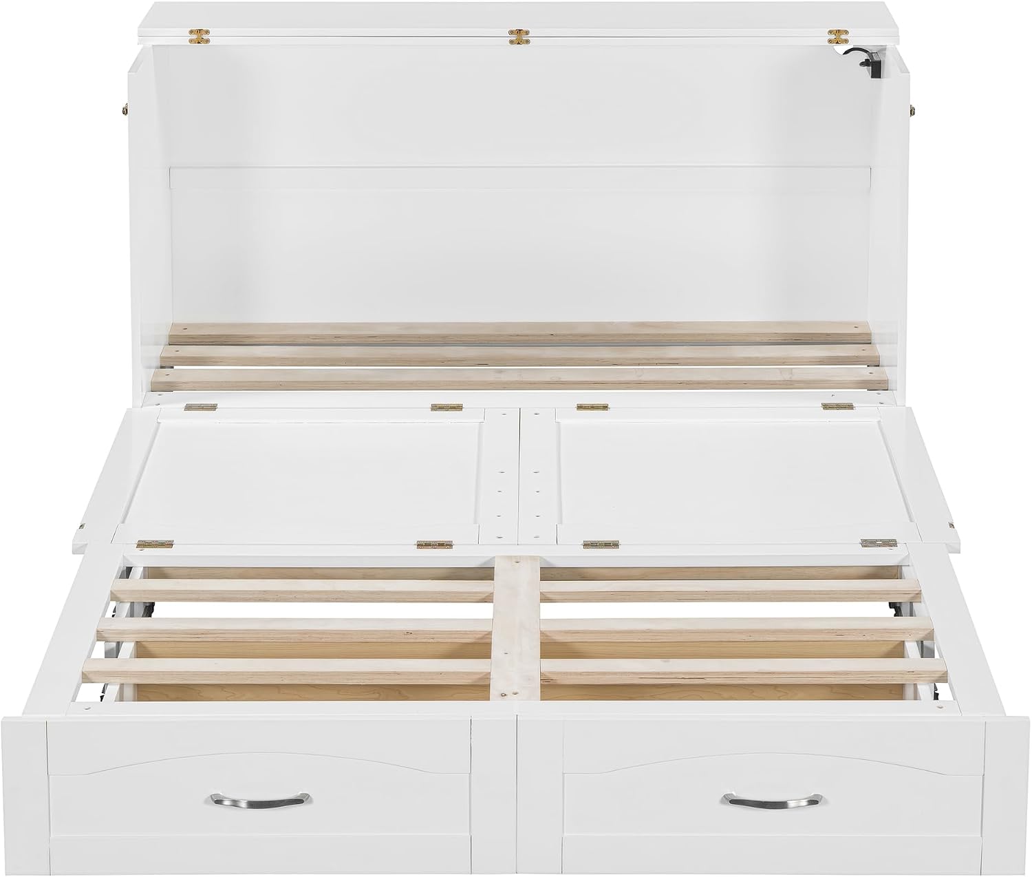 Queen Size Murphy Wall Bed with Drawer and a Set of Sockets & USB Ports,Modern Bed Frame with Pulley Structure Design for Kids Teen Girls Boys Adults Bedroom Furniture (White-46, Queen)