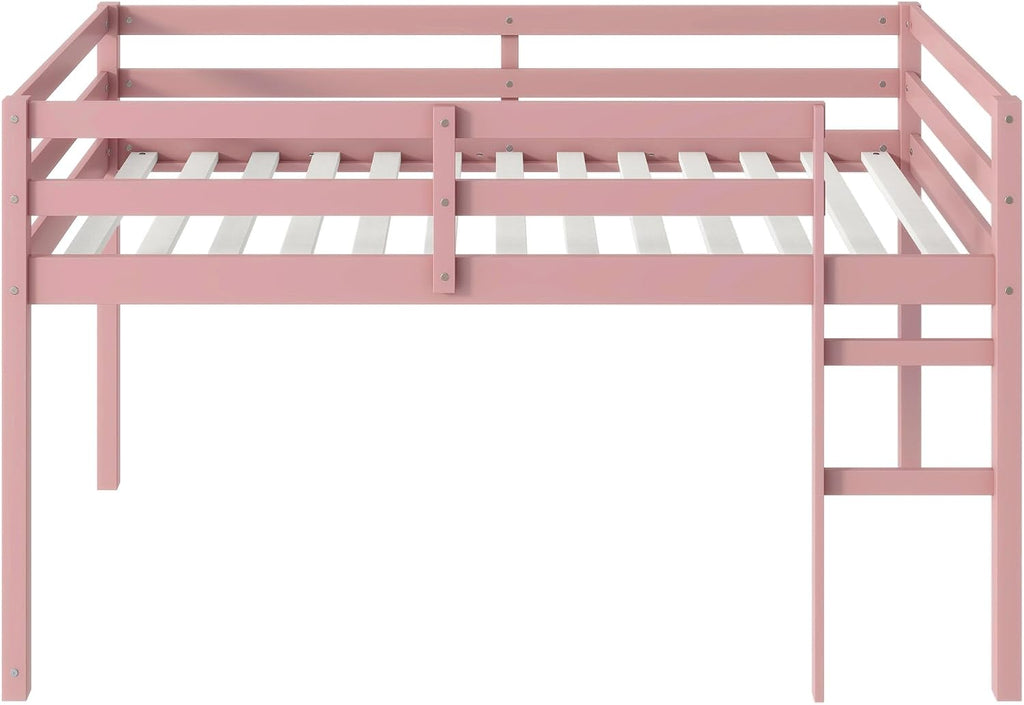 JIVOIT Twin Size Loft Bed with Ladder, Solid Rubber Wooden Low Height Loft Bed, Bed Platform of Strengthened Slats, No Box Spring Needed (Pink//14)
