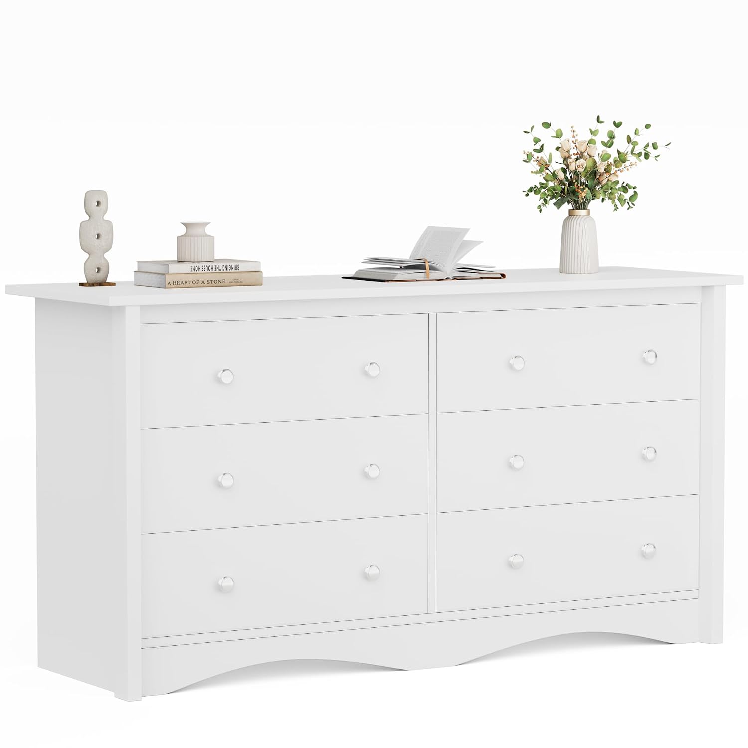 Flamaker Dresser for Bedroom, 6 Drawer Dresser, 47.2'' Wood Dressers, Wide Chest of Drawer, Storage Drawers, Storage Organizer for Closet, Hallway (White)