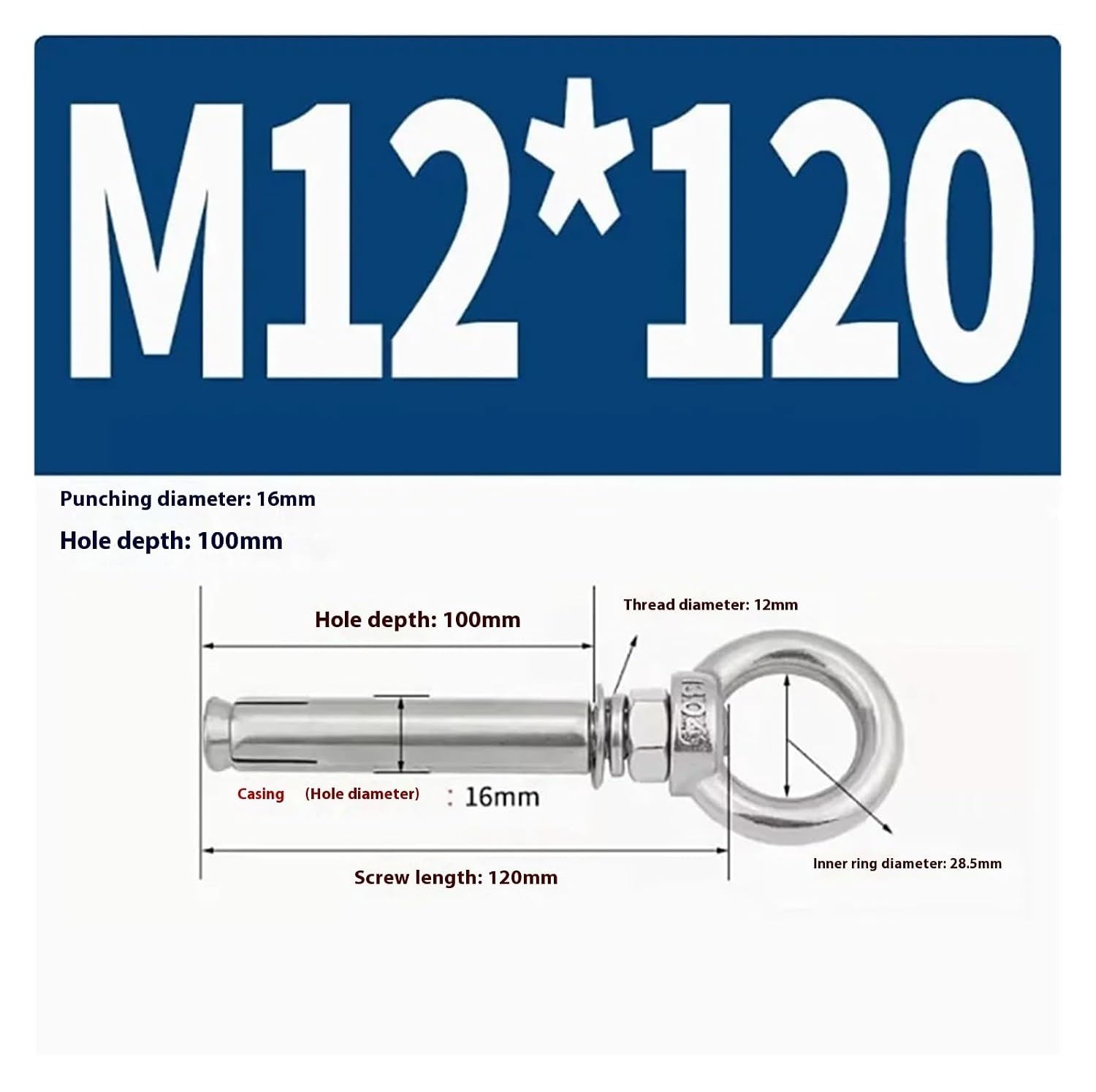 Anchor Bolts,Expansion Bolt, 5Pcs Stainless Steel Universal Ring Expansion Screw Sleeve Anchor Concrete Eye Bolt Installation Artifact Long Hook(M12*120MM)