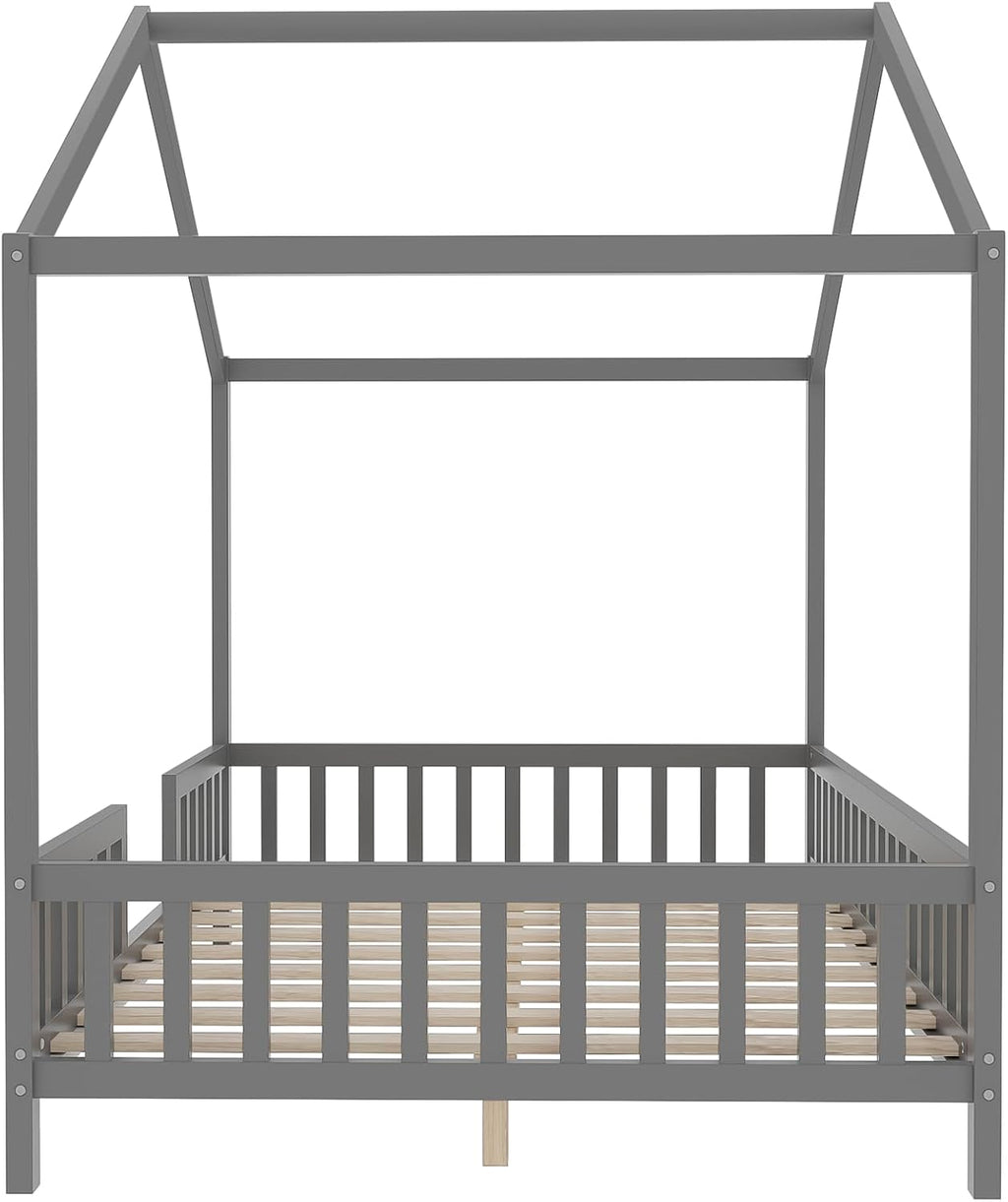 Full Montessori House Bed with High Rails, Wood Low House Floor Bed with Roof & Canopy, Full House Beds Frame for Girls Boys, No Box Spring Needed, Gray