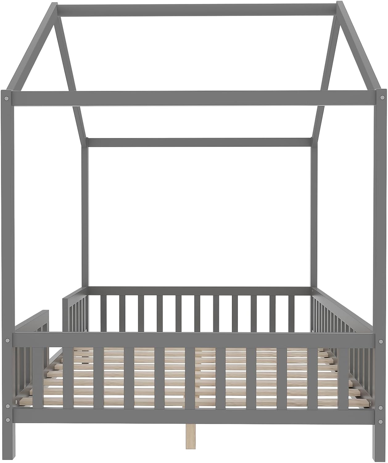 Full Montessori House Bed with High Rails, Wood Low House Floor Bed with Roof & Canopy, Full House Beds Frame for Girls Boys, No Box Spring Needed, Gray