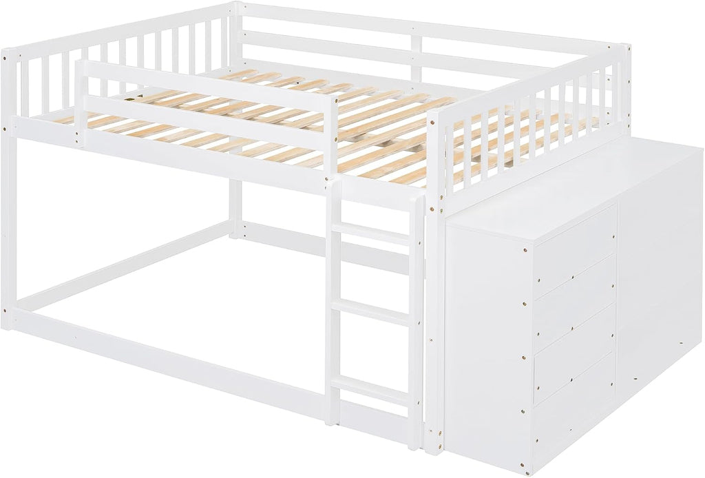 DNYN Full Over Full Bunk Bed with Storage Shelves & 4 Drawers for Kids Bedroom,Wooden Bedframe w/Ladder & Safety Guardrails,Super Save Space & No Box Spring Needed, White