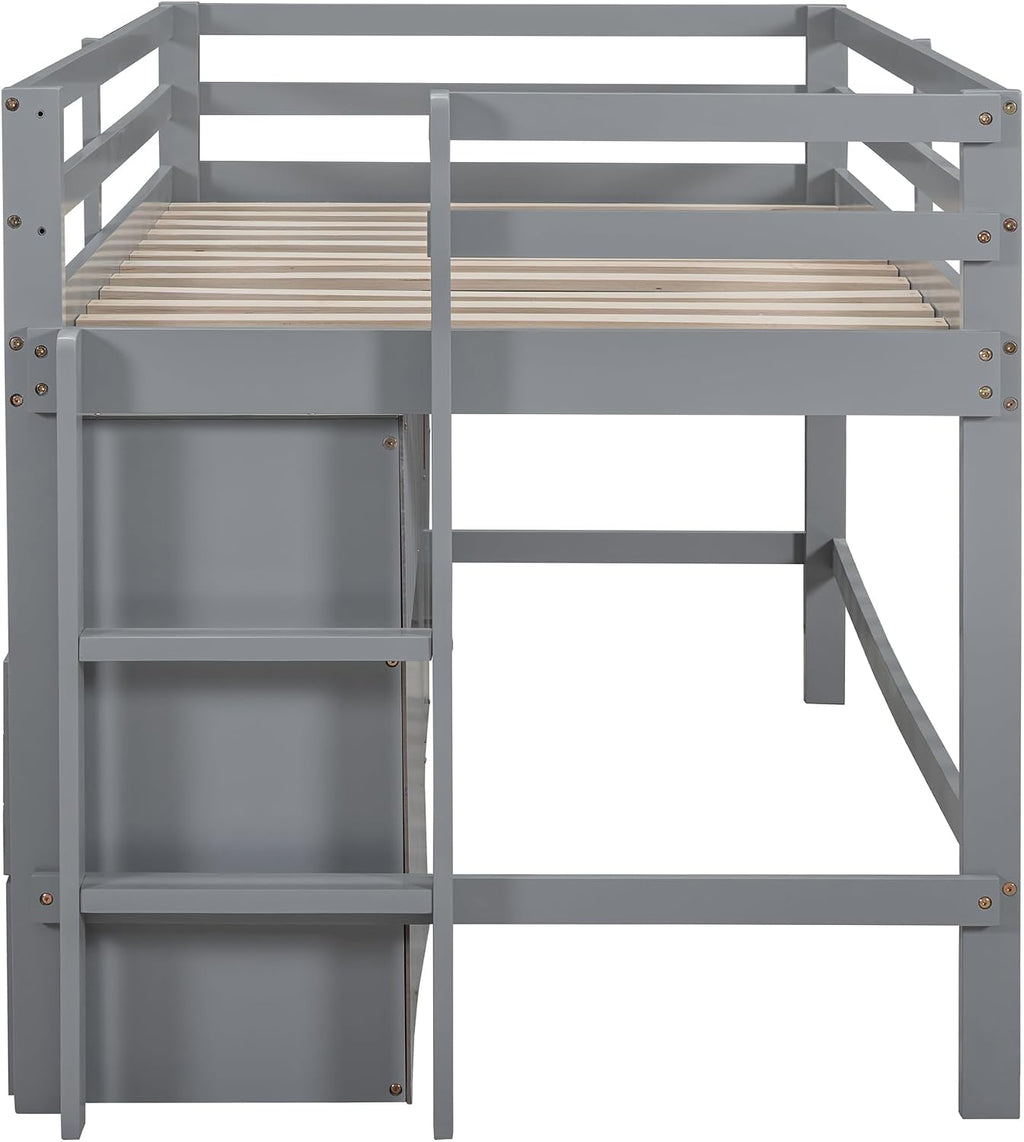 JIVOIT Twin Size Loft Bed with 4 Drawers, Underneath Cabinet and Shelves, Muti-Functional Loft Bed with Full-Length Guardrails and Ladder, Space-Saving Low Loft Bed for Kids Teens (Gray & 4 Drawers)