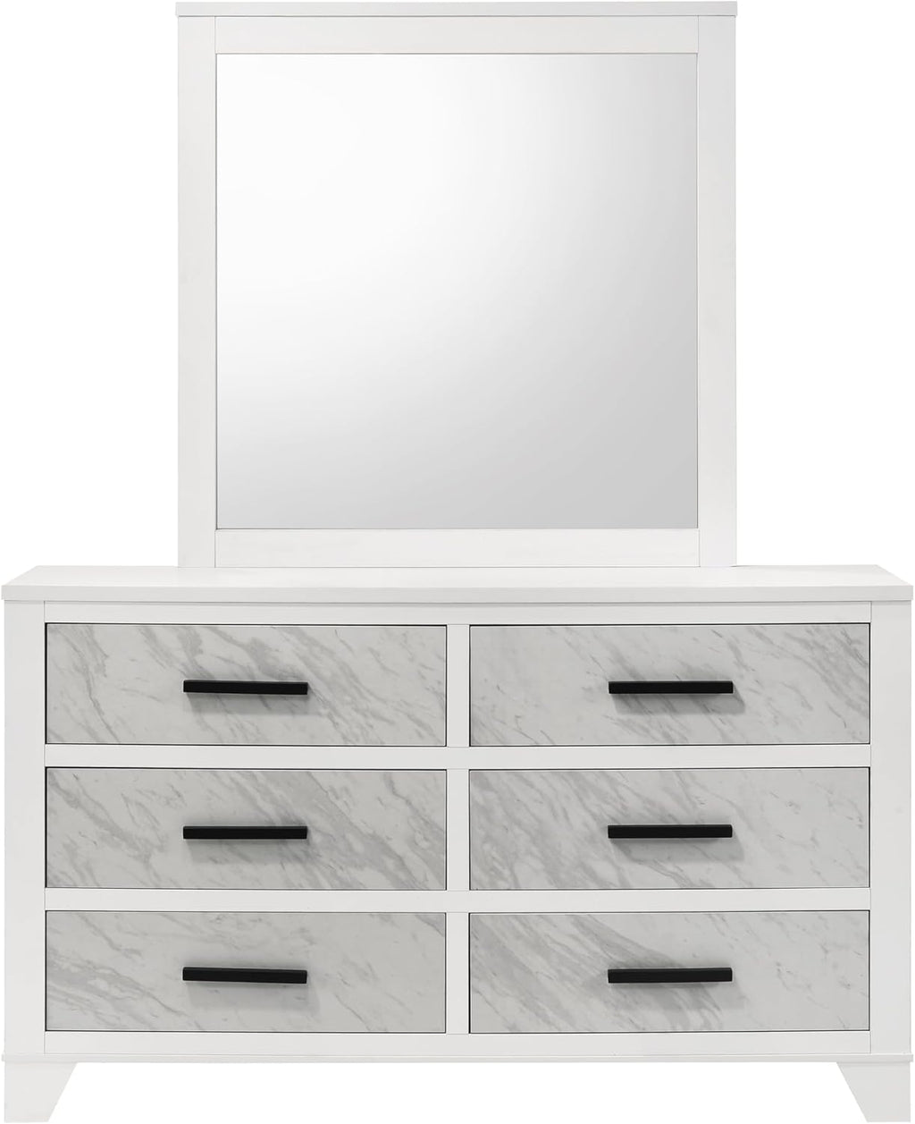 Furniture of America Anton Modern Solid Wood 6-Piece Bedroom Set with Faux Marble Headboard Bed, Metal Center Glide on Nightstands, Chest and Dresser with Mirror, Box Spring Needed, Full, White