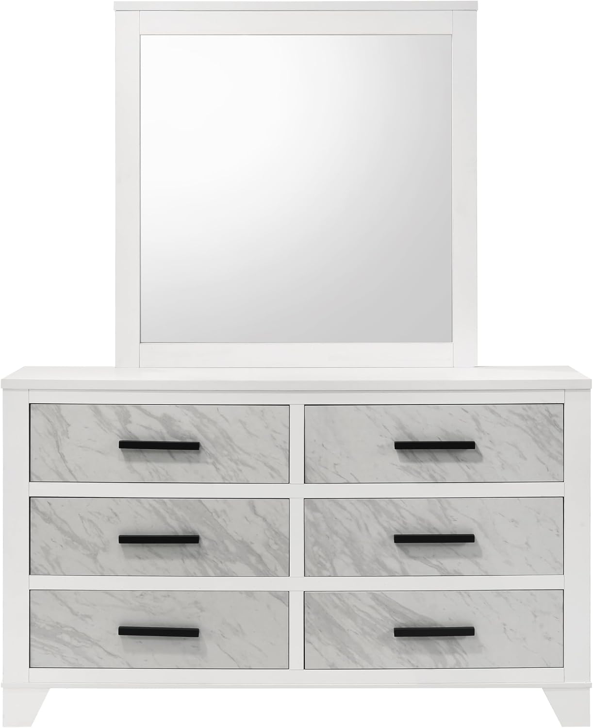 Furniture of America Anton Modern Solid Wood 6-Piece Bedroom Set with Faux Marble Headboard Bed, Metal Center Glide on Nightstands, Chest and Dresser with Mirror, Box Spring Needed, Full, White