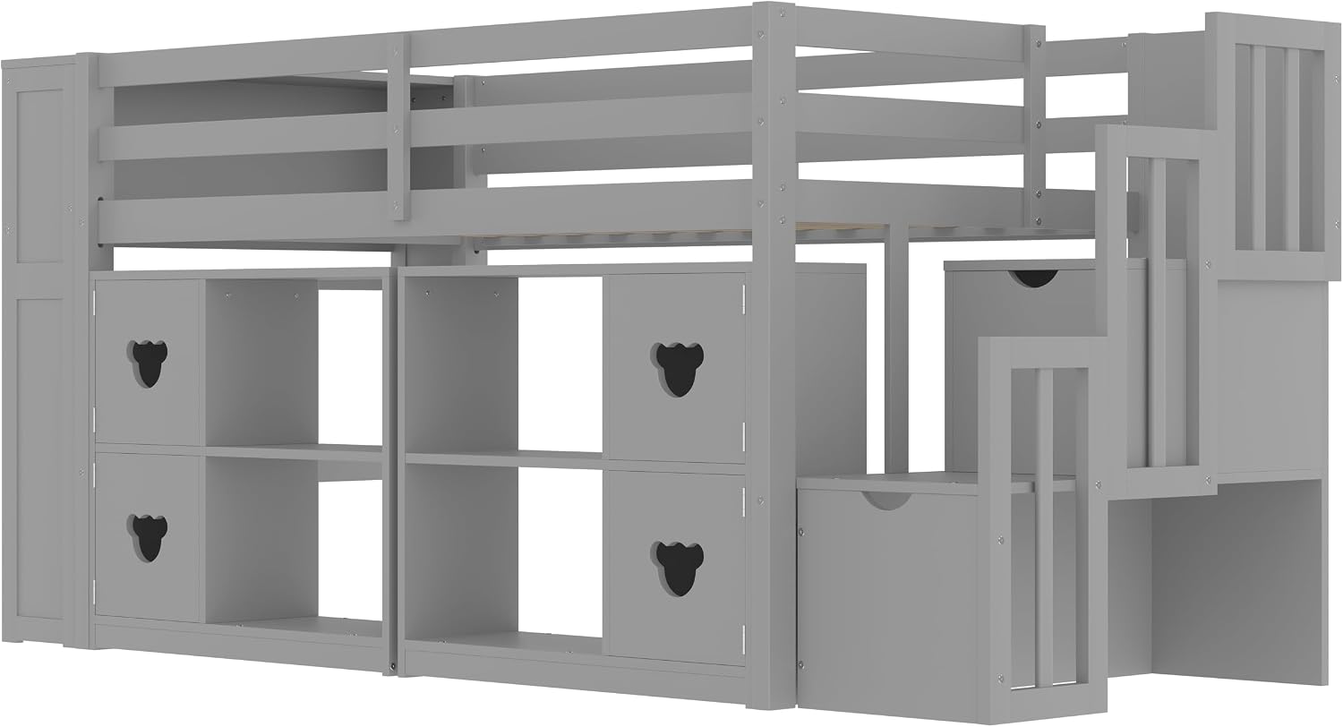 JIVOIT Twin Size Low Loft Bed with Open Shelves, Storage Cabinets, Storage Headboard and Stair, Full-Length Guardrails, No Box Spring Needed (Grey, 50)