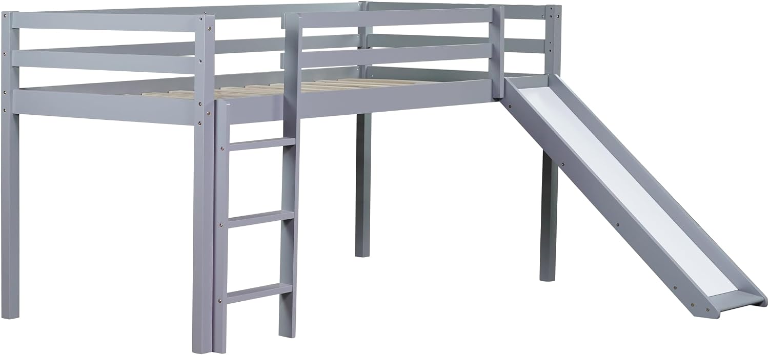 JIVOIT Twin Size Low Loft Bed with Slide and Ladder, Rubber Wood Twin Loft Bed with Wood Slats Support, No Box Spring Needed (Grey/407)