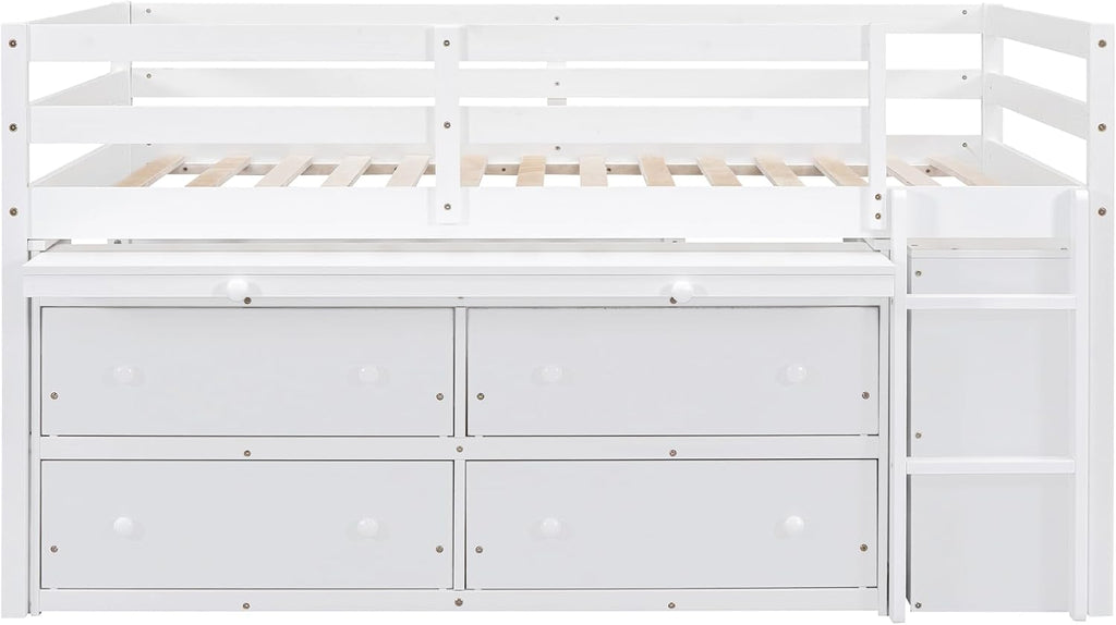 JIVOIT Full Size Low Loft Bed with Retractable Writing Desk, Storage Bed with 4 Drawers and Shelves, Wooden Loft Bed with Lateral Portable Desk for Kids Teens Adults Bedroom (White,Full,9)