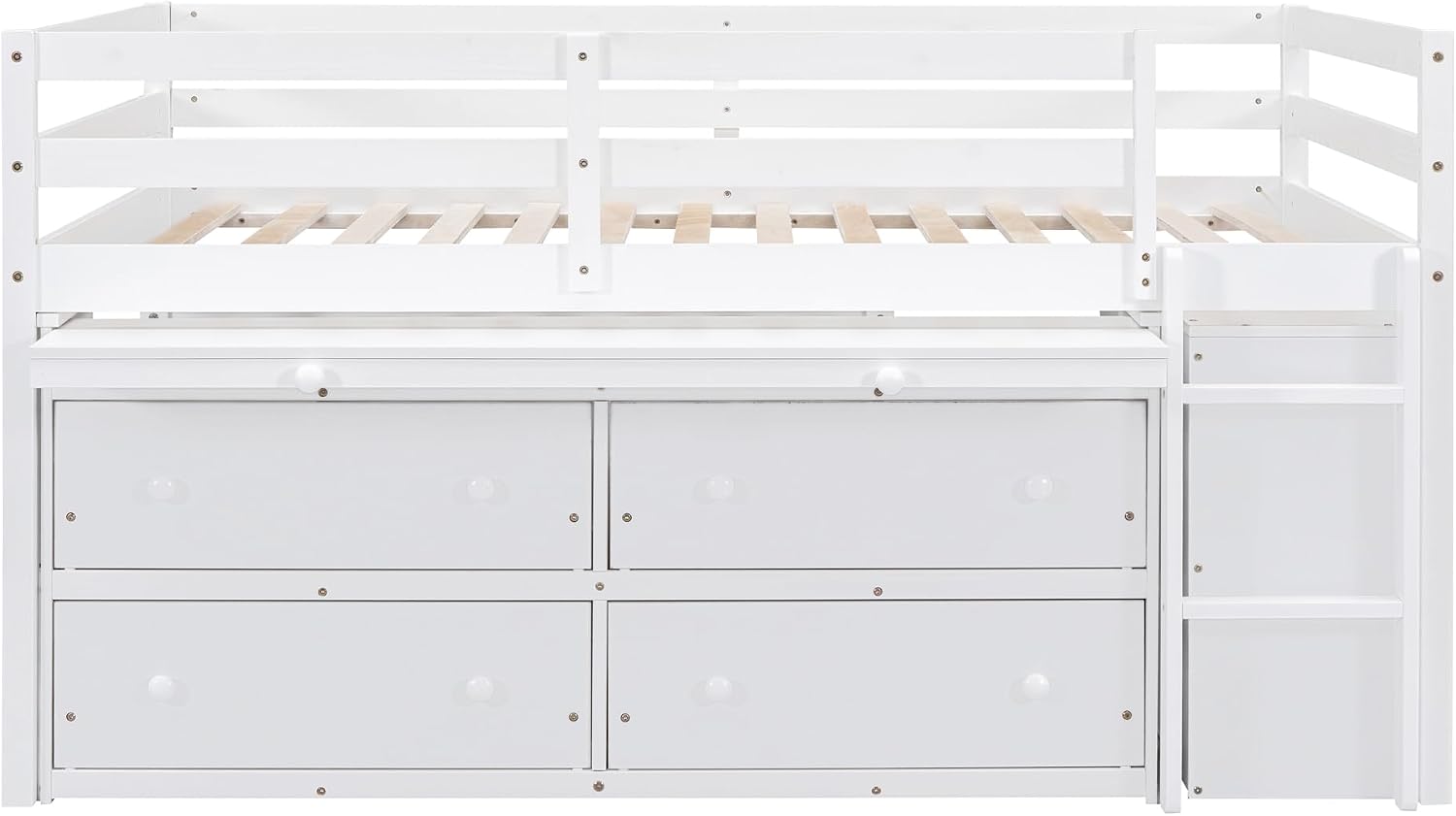 JIVOIT Full Size Low Loft Bed with Retractable Writing Desk, Storage Bed with 4 Drawers and Shelves, Wooden Loft Bed with Lateral Portable Desk for Kids Teens Adults Bedroom (White,Full,9)
