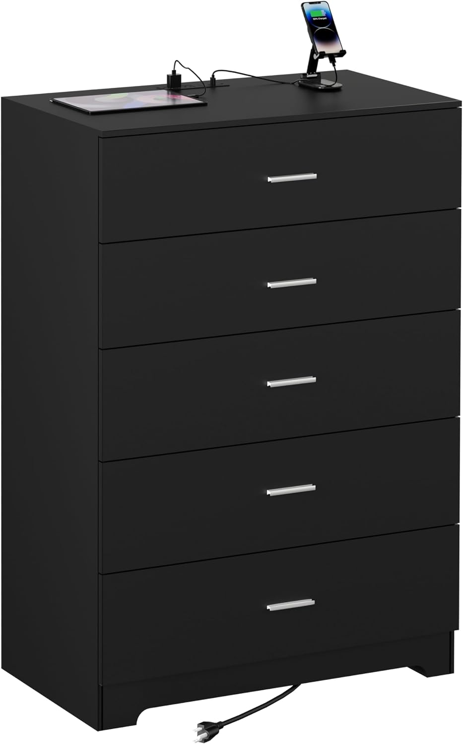 GEPELCN Dresser for Bedroom with Power Outlets Wood 5 Drawer Dresser with Large Storage Space Black Chest of Drawers with Smooth Metal Rail Tall Storage Organizer for Bedroom Living Room Closet