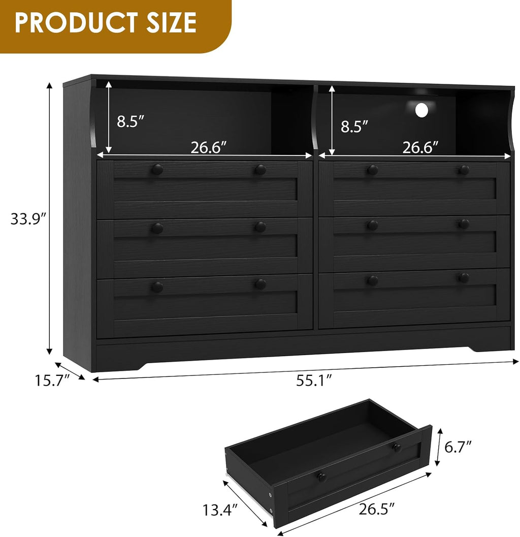 Garvee 6 Drawer Dresser for Bedroom, with RGB LED Lights & Power Outlet, 55' Wide Chests of Drawers Dresser TV Stand for 55 Inch TV, for Closet, Living Room, Entryway