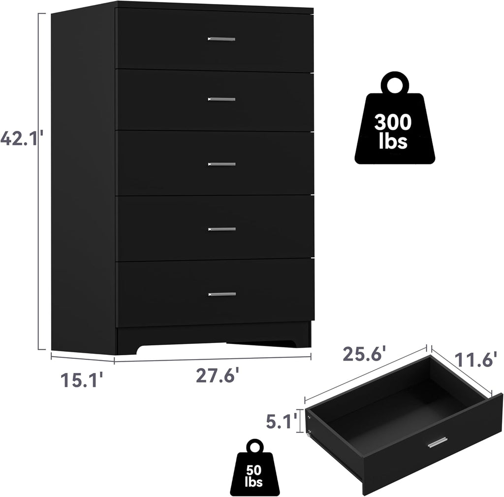 GEPELCN Dresser for Bedroom with Power Outlets Wood 5 Drawer Dresser with Large Storage Space Black Chest of Drawers with Smooth Metal Rail Tall Storage Organizer for Bedroom Living Room Closet