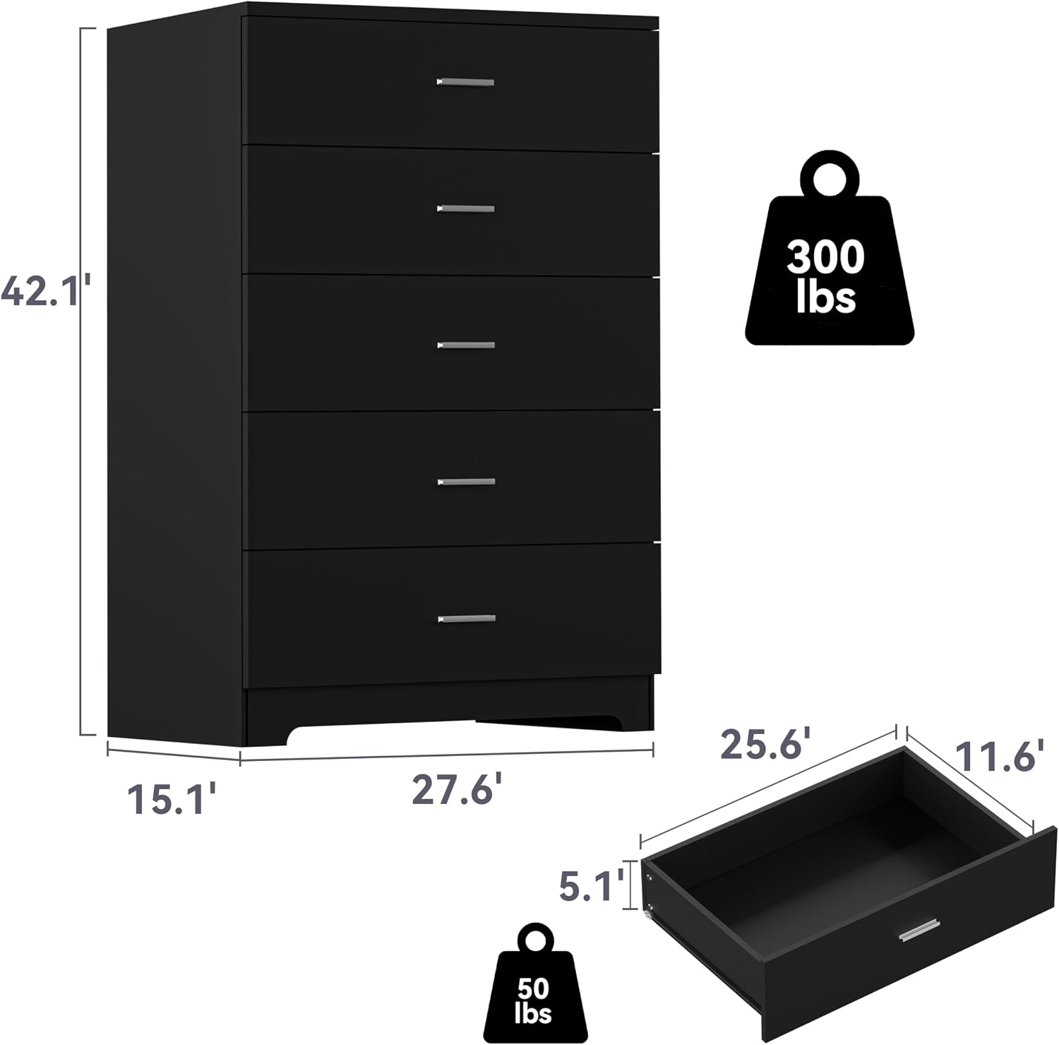 GEPELCN Dresser for Bedroom with Power Outlets Wood 5 Drawer Dresser with Large Storage Space Black Chest of Drawers with Smooth Metal Rail Tall Storage Organizer for Bedroom Living Room Closet