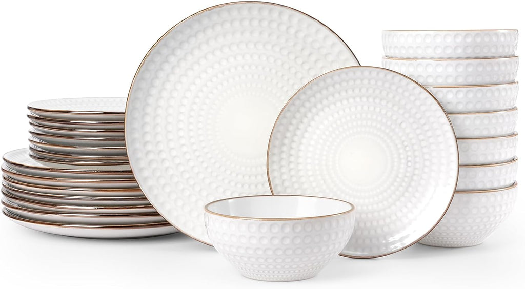 Famiware Eden Embossed Plates and Bowls Sets, Stoneware Dinnerware with Gold Trim, 24-Piece Luxury Dishes for 8, Everyday & Formal Use, Chip/Scratch Resistant, Microwave/Dishwasher Safe, White Circle