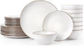 Famiware Eden Embossed Plates and Bowls Sets, Stoneware Dinnerware with Gold Trim, 24-Piece Luxury Dishes for 8, Everyday & Formal Use, Chip/Scratch Resistant, Microwave/Dishwasher Safe, White Circle