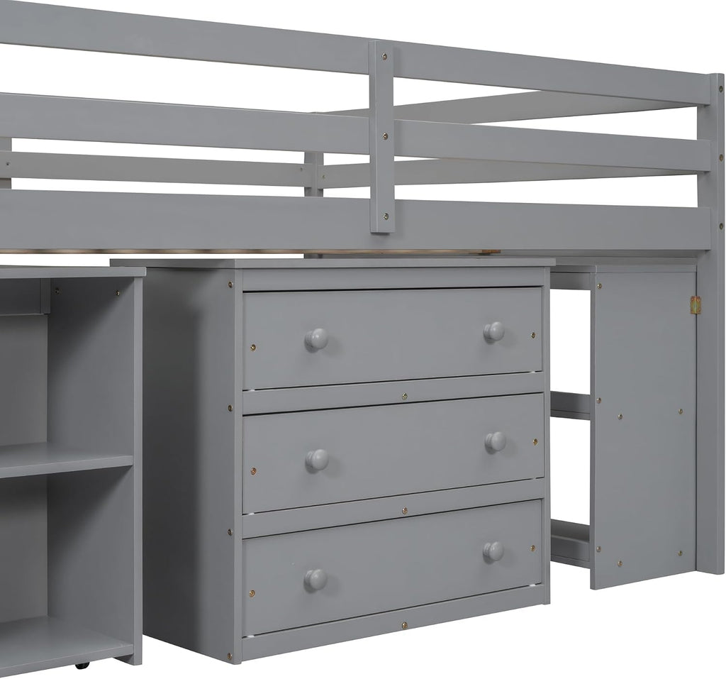 Full Size Loft Bed with Retractable Writing Desk, Wooden Loft Bed with 3 Drawers and Shelves, Storage Stairs, Versatility Low Loft Bed Storage Bed for Kids Boys Girls Bedroom (Gray,Storage Stairs)