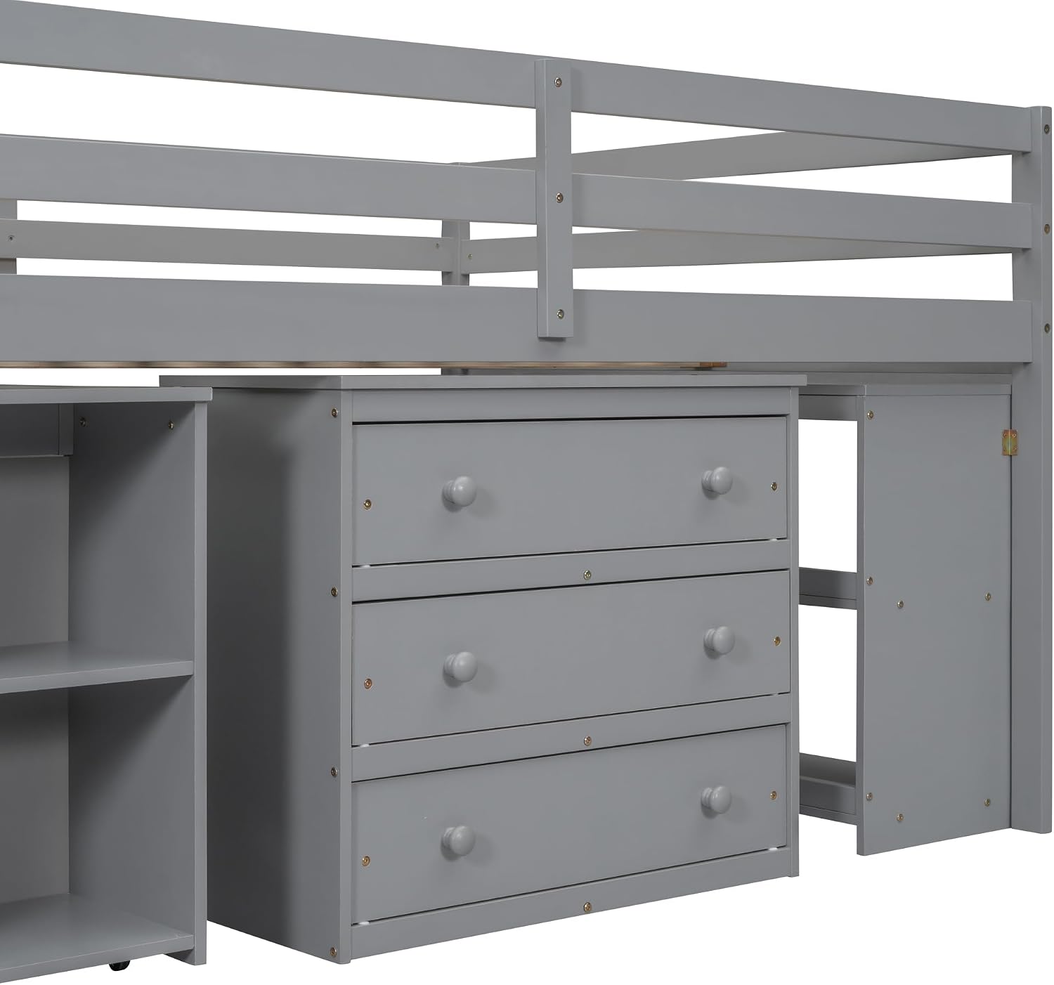 Full Size Loft Bed with Retractable Writing Desk, Wooden Loft Bed with 3 Drawers and Shelves, Storage Stairs, Versatility Low Loft Bed Storage Bed for Kids Boys Girls Bedroom (Gray,Storage Stairs)
