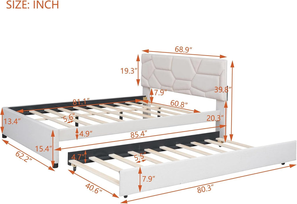 Queen Size Upholstered Platform Bed Frame with Twin XL Size Trundle,Brick Pattern Headboard and Solid Wood Bedframe,Linen Fabric for Kids,Teen,Adult