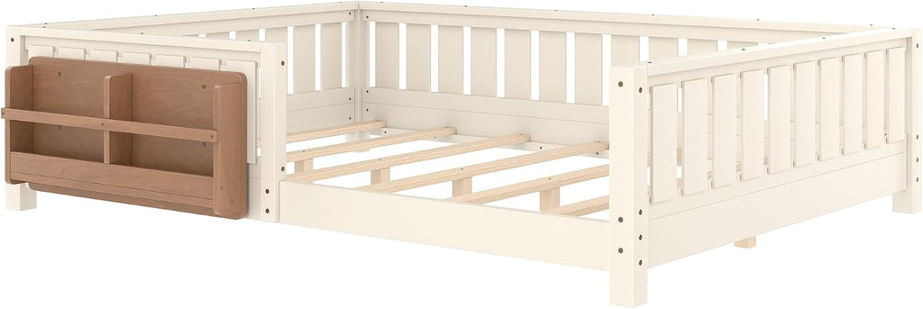 Bellemave Beige Light Natural Montessori Floor Bed with Fence and Slats, Queen Size Montessori Floor Bed with Bookcase and High Rails, Easy Assemble Bed Frame for Girls, Boys, Queen