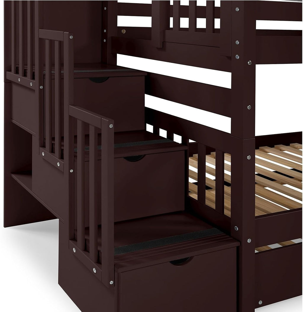 Bedz King Stairway Bunk Beds Twin Over Twin, 3 Step Drawers and a Twin Trundle, Dark Cherry