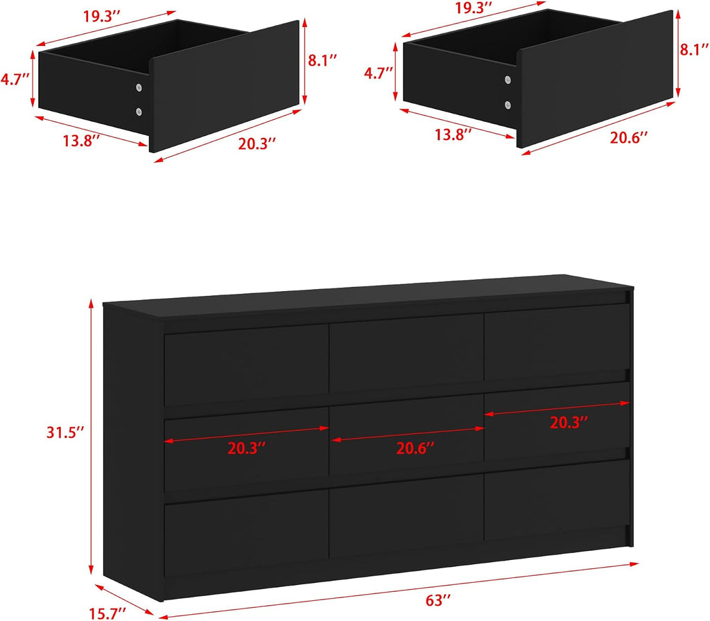 9 Drawer Dresser for Bedroom with Deep Drawers, Large Floor Wood Dressers & Chest of Drawers Handle Free, Modern Black Long Dressers for Closet Living Room, Euro Slide (63'W x 15.7'D x 31.5'H)