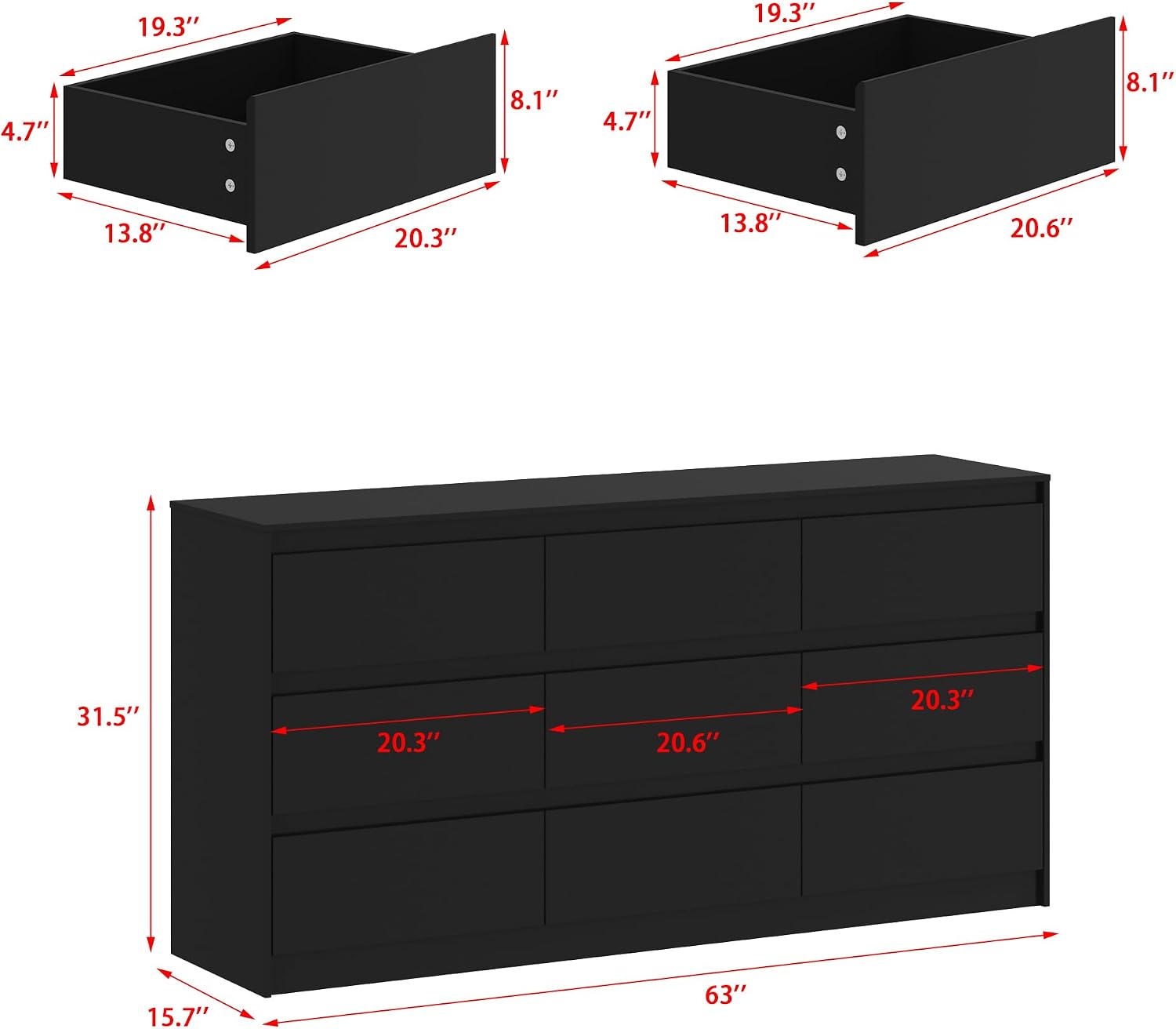 9 Drawer Dresser for Bedroom with Deep Drawers, Large Floor Wood Dressers & Chest of Drawers Handle Free, Modern Black Long Dressers for Closet Living Room, Euro Slide (63'W x 15.7'D x 31.5'H)