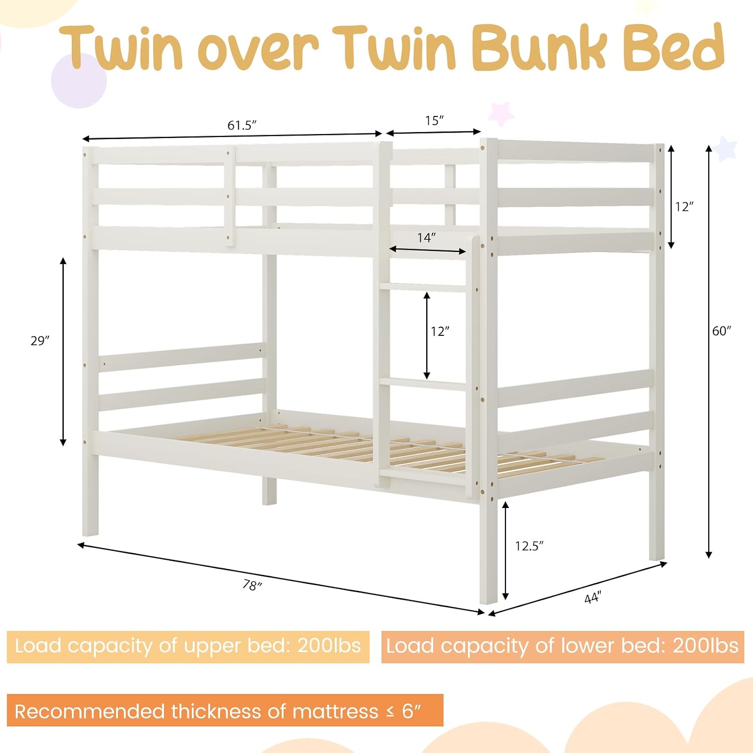 Giantex Bunk Bed Twin Over Twin White, Solid Wood Bunk Bed with Sturdy Ladder & 12 Inch Safety Guard Rails, Twin Size Wood Bed Frame for Dormitory, No Box Spring Needed, Bunk Beds for Kids Teens