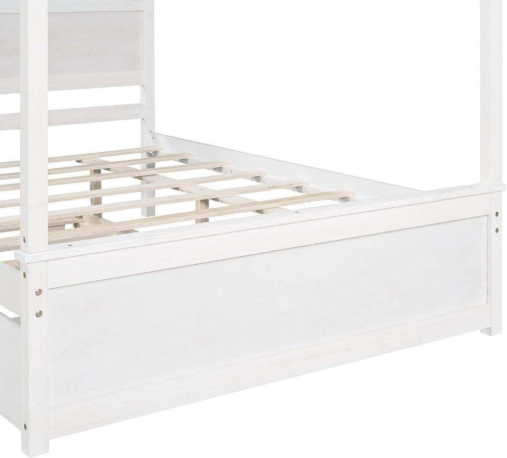 CITYLIGHT Full Size Canopy Bed Frame with Trundle Bed,Wooden Canopy Trundle Bed with Support Slats,Four Post Bed with Headboard for Kids Girls Boys,Brushed White