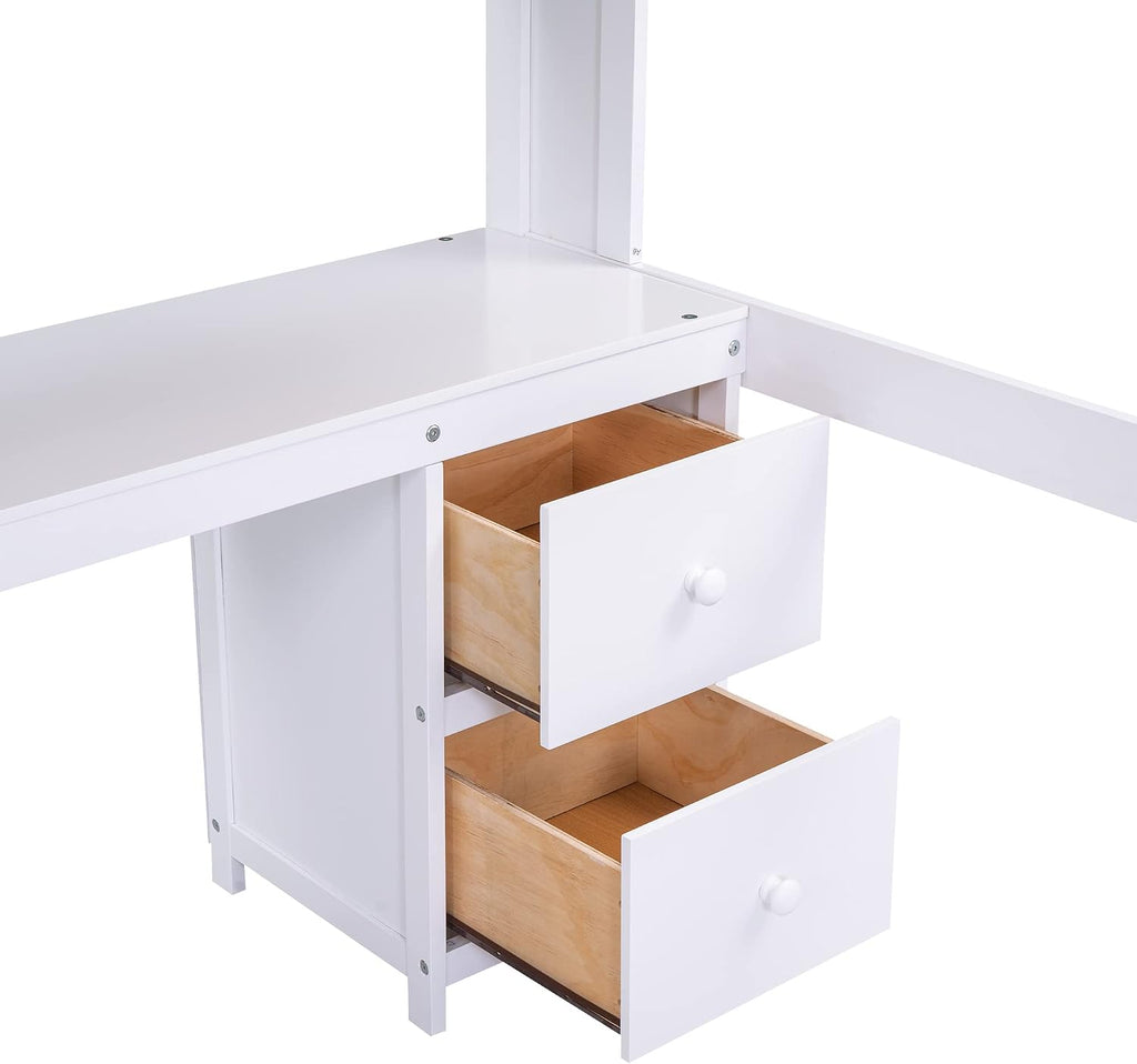 Full Size Loft Bed with Desk and Cabinets,Multifunctional Storage Solid Wood Bed Frame w/Drawers,Bedside Tray,Charging Station,Integrated Ladder,for Bedroom,Apartment,White