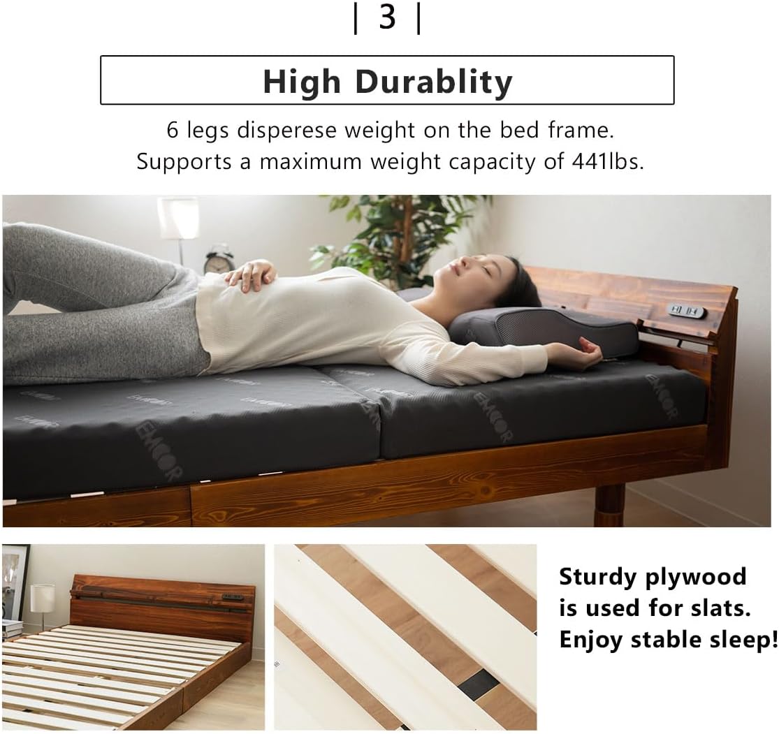 EMOOR Wood Slatted Bed Frame with Charging Station Twin for Japanese Futon Mattress (Earth-Natural), Height Adjustable (4/8/13in) Solid Pine Platform Bed